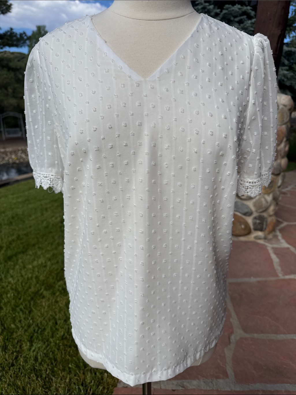 Belinda White Swiss Dot V-Neck Short Sleeve - Blouse Bodice Is Lined